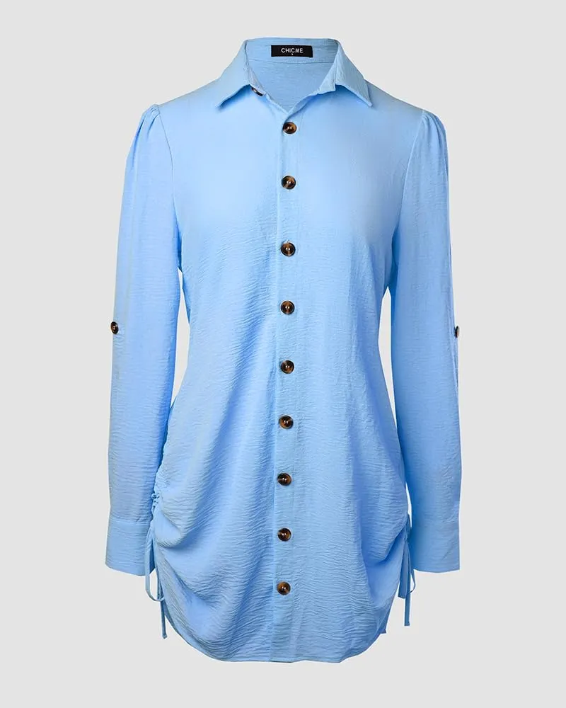 Women Shirt Dress Sexy Long Sleeve Button Down Blouses Side Drawstring Mini Dresses