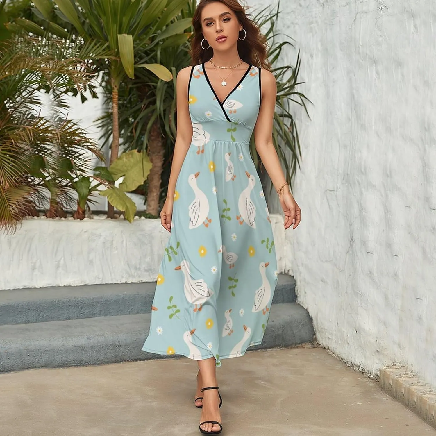 Women Summer Casual Sleeveless V Neck Geese Farm Animals Sundress Maxi Long Beach Dress