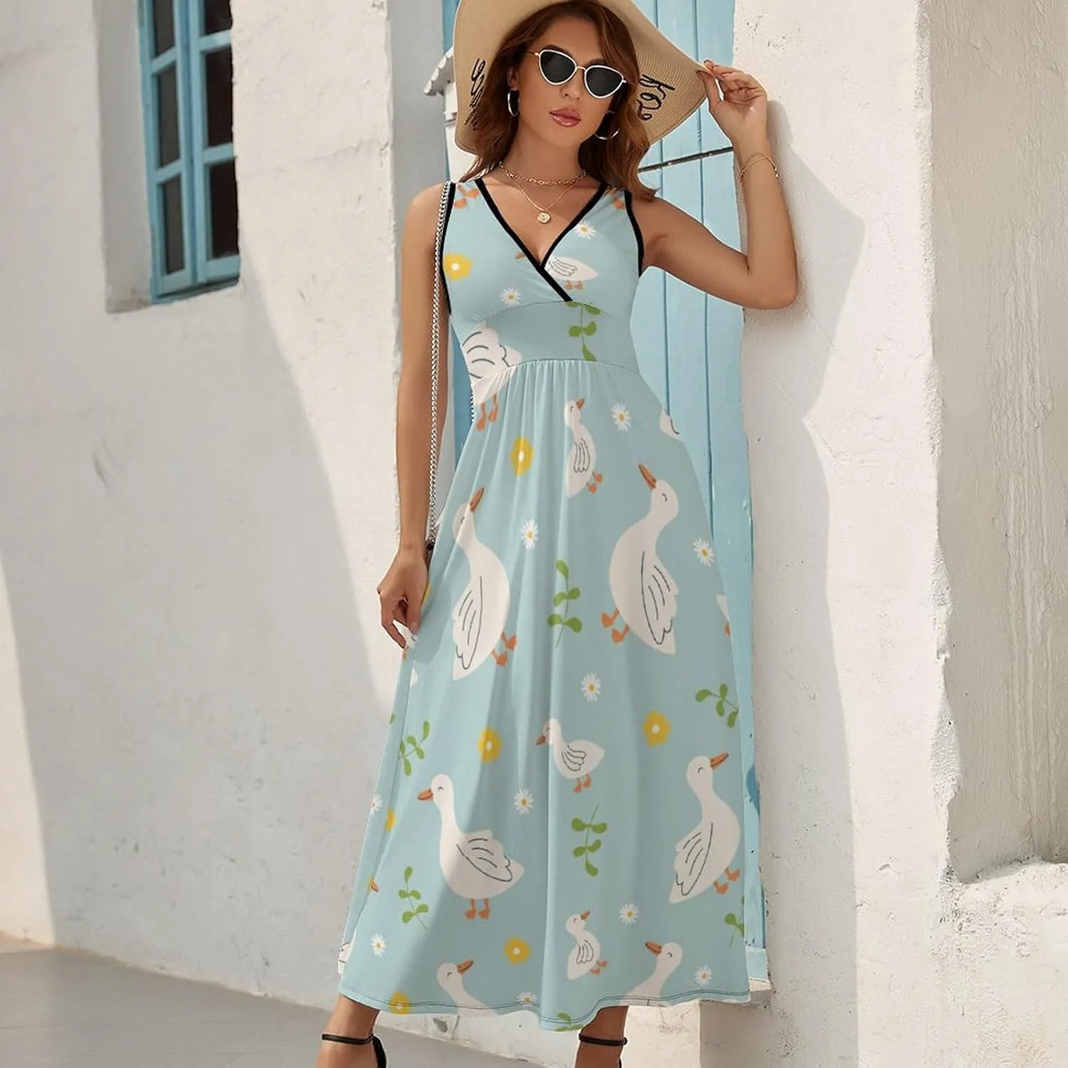 Women Summer Casual Sleeveless V Neck Geese Farm Animals Sundress Maxi Long Beach Dress