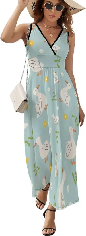 Women Summer Casual Sleeveless V Neck Geese Farm Animals Sundress Maxi Long Beach Dress