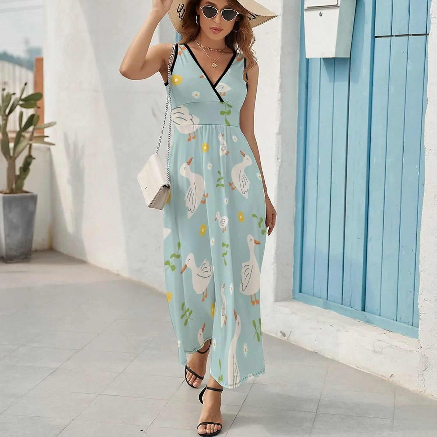 Women Summer Casual Sleeveless V Neck Geese Farm Animals Sundress Maxi Long Beach Dress