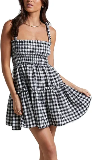 Women Summer Plaid Mini Dress Casual Y2k Gingham Spaghetti Strap Going Out Outfit Cute Flowy Swing Loose Fit Clubwear