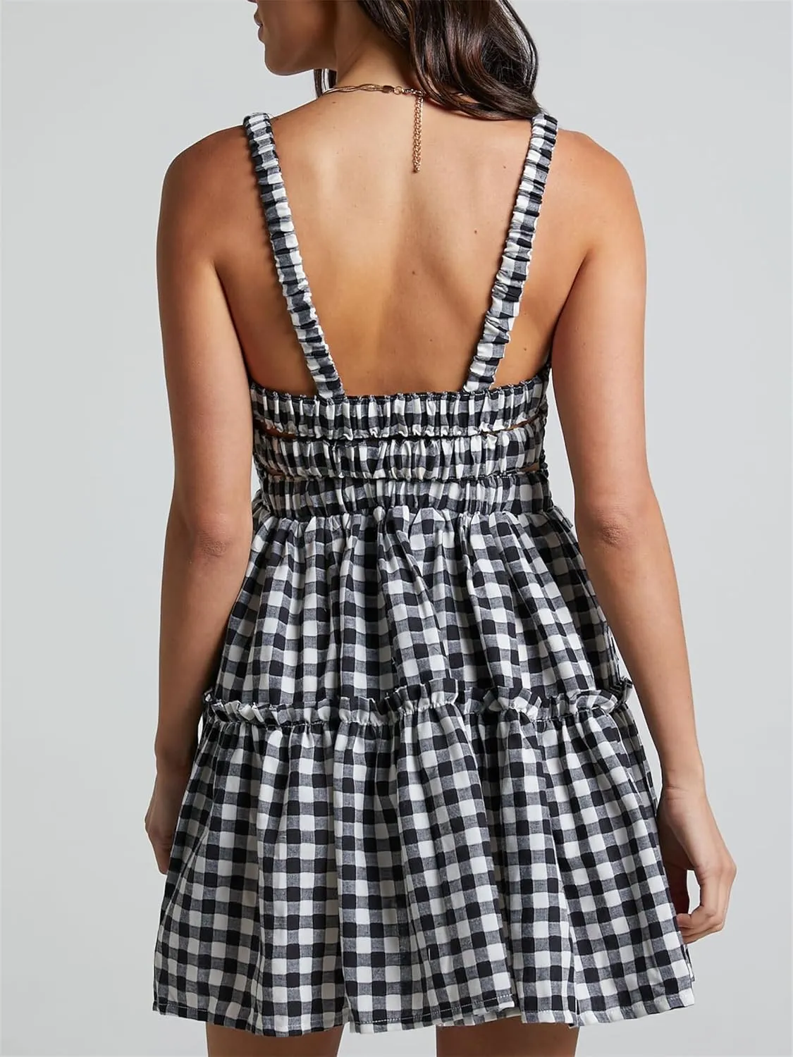 Women Summer Plaid Mini Dress Casual Y2k Gingham Spaghetti Strap Going Out Outfit Cute Flowy Swing Loose Fit Clubwear