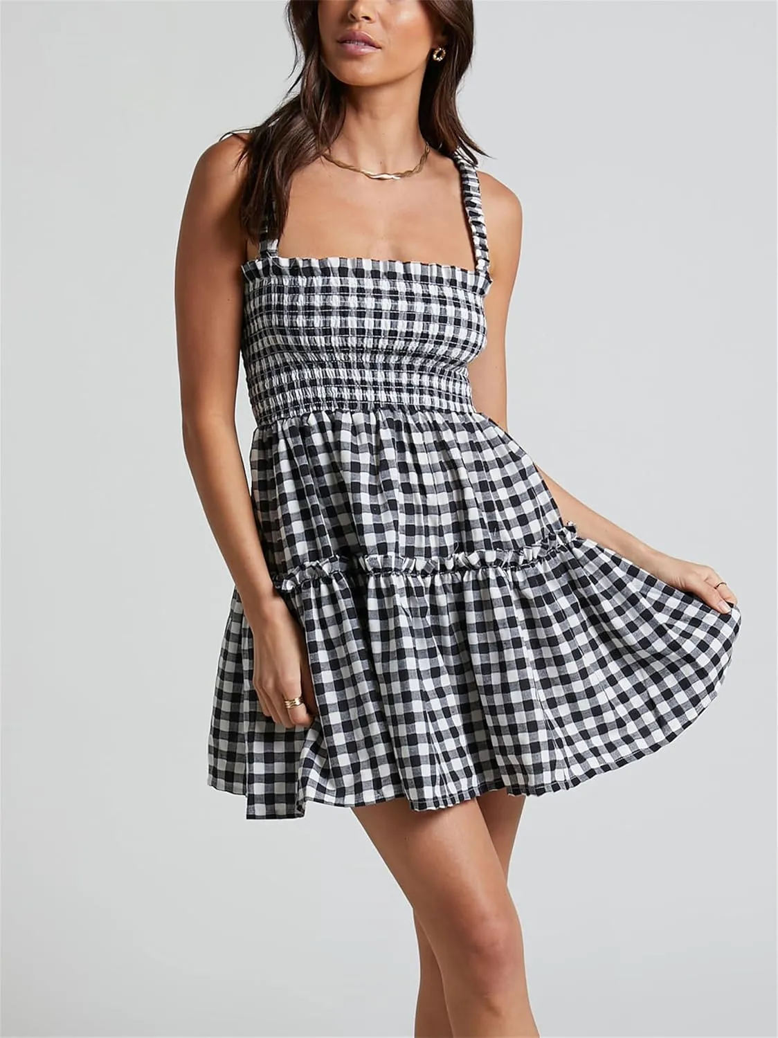 Women Summer Plaid Mini Dress Casual Y2k Gingham Spaghetti Strap Going Out Outfit Cute Flowy Swing Loose Fit Clubwear