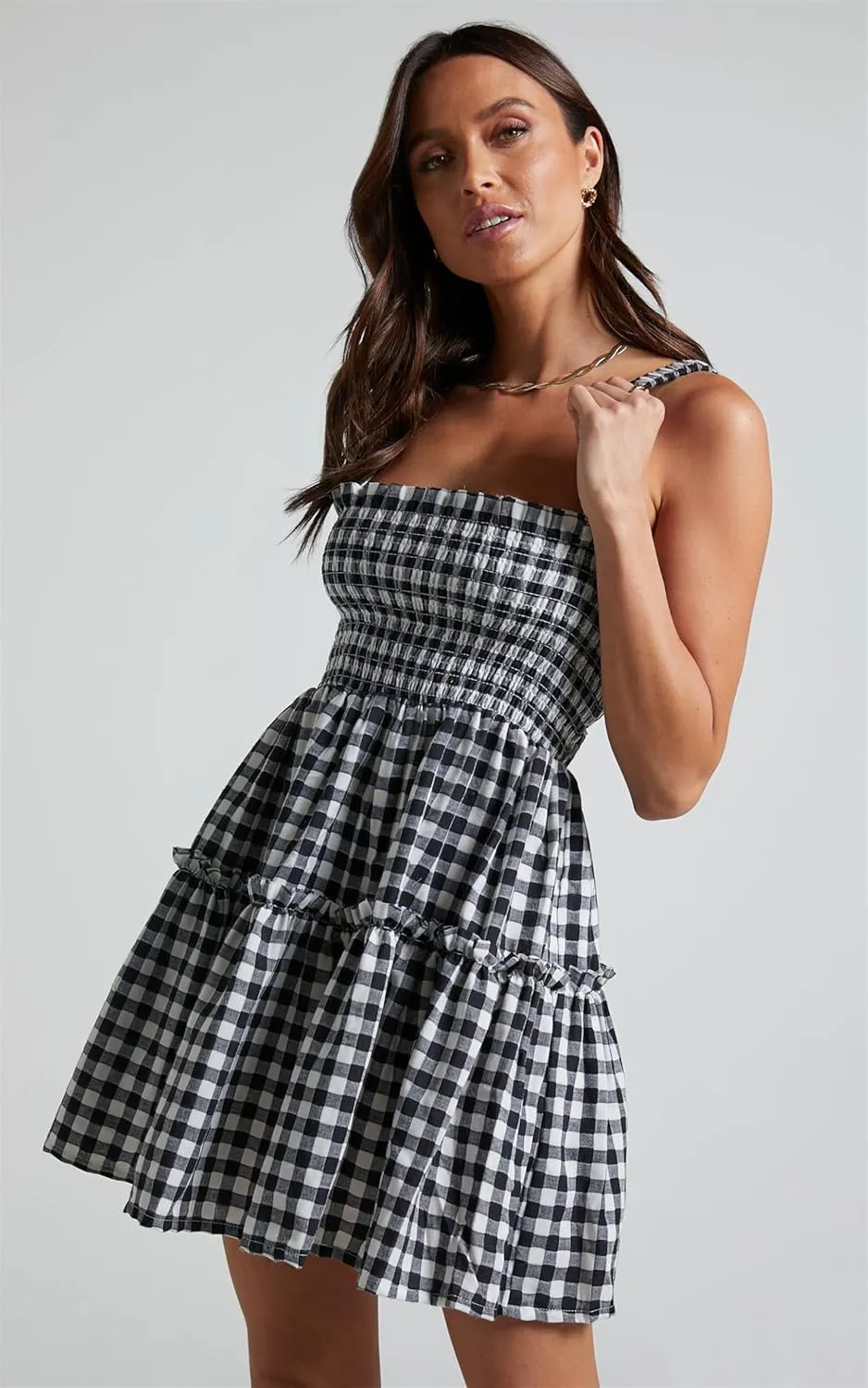 Women Summer Plaid Mini Dress Casual Y2k Gingham Spaghetti Strap Going Out Outfit Cute Flowy Swing Loose Fit Clubwear