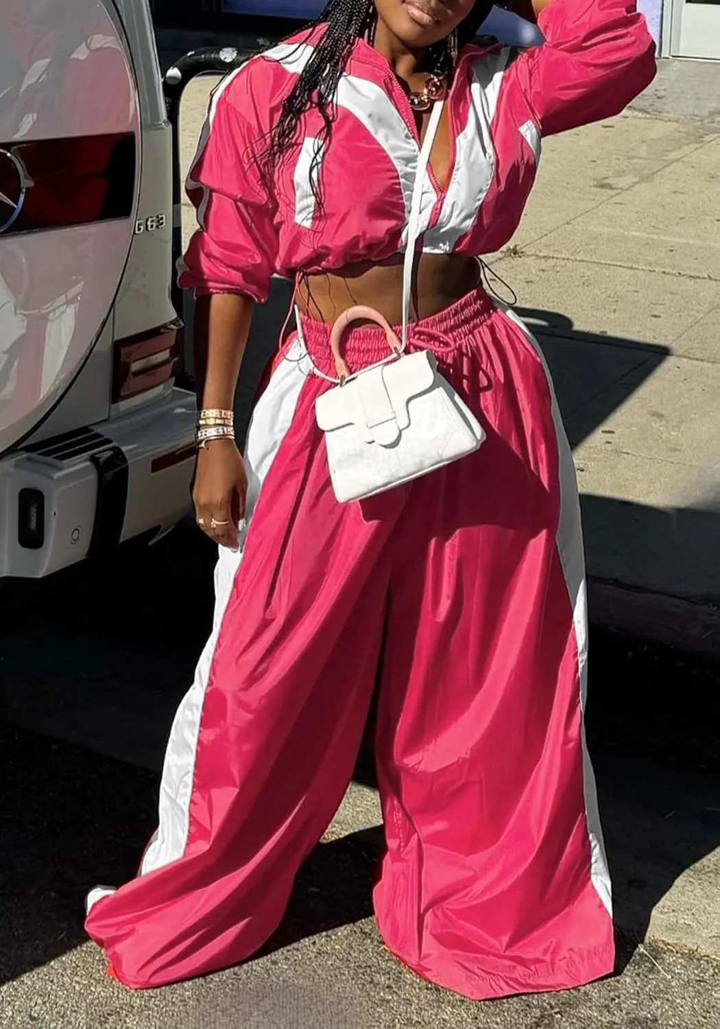 Women Sweatsuits 2 Piece Outfit Color Block Crop Zipper Tops & Elastic Waist Wide Leg Pants Sets Streetwear Tracksuit
