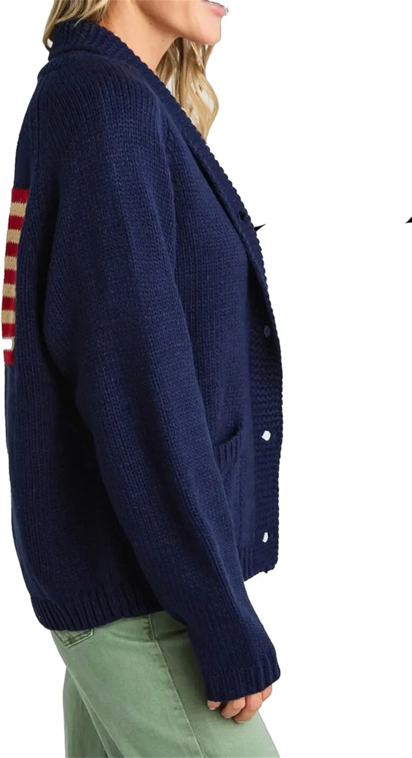 Women Y2k American Flag Pattern Sweater Solid Color Fourth of July Cardigan Patriotic Knic USA Button Front Top