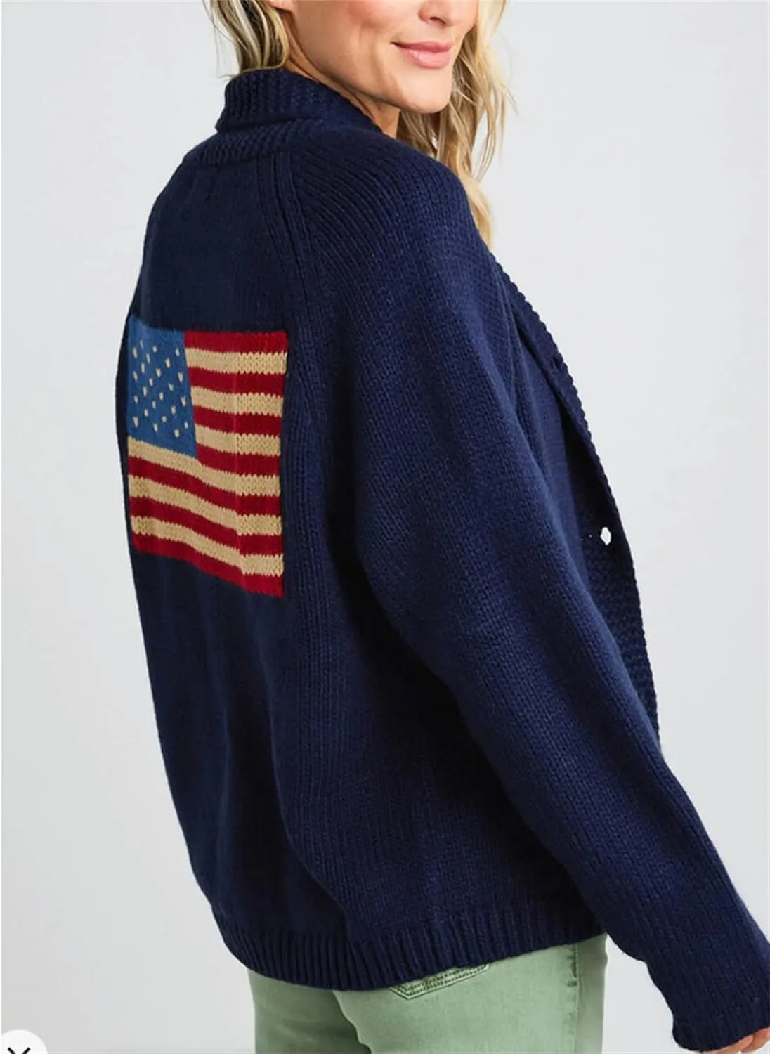 Women Y2k American Flag Pattern Sweater Solid Color Fourth of July Cardigan Patriotic Knic USA Button Front Top