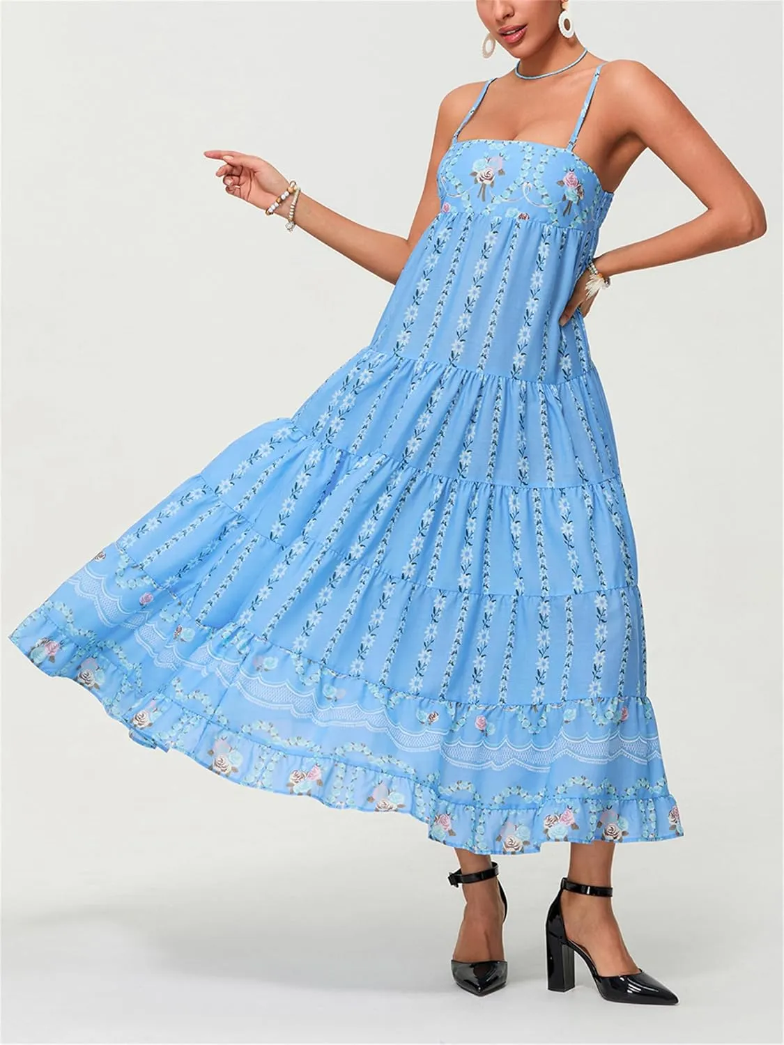 Women Y2K Floral Long Dress Fairycore Spaghetti Strap Square Neck Maxi Dress Cute Cocktail Party Ruffle Flowy Dresses