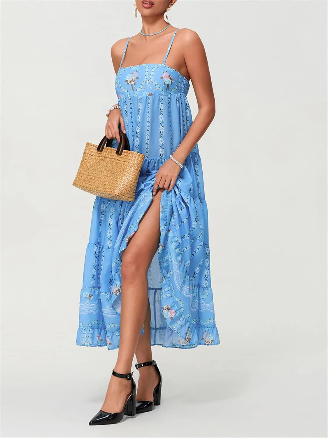 Women Y2K Floral Long Dress Fairycore Spaghetti Strap Square Neck Maxi Dress Cute Cocktail Party Ruffle Flowy Dresses