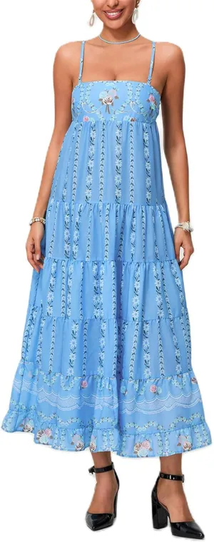 Women Y2K Floral Long Dress Fairycore Spaghetti Strap Square Neck Maxi Dress Cute Cocktail Party Ruffle Flowy Dresses
