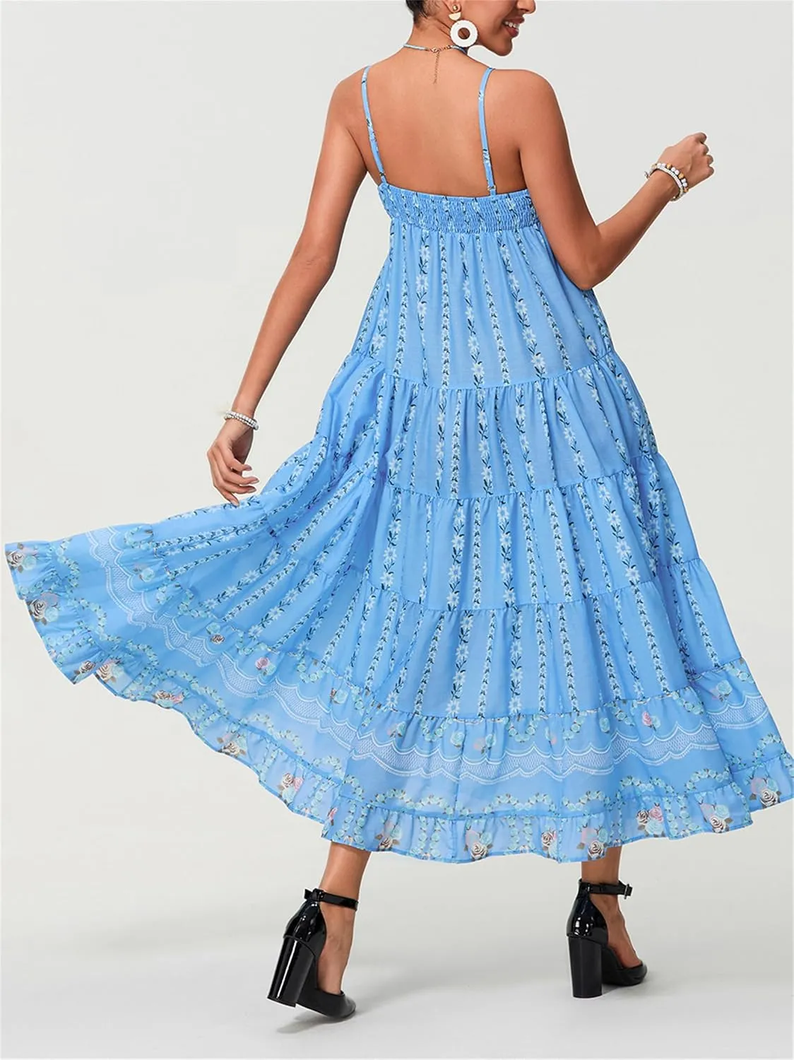 Women Y2K Floral Long Dress Fairycore Spaghetti Strap Square Neck Maxi Dress Cute Cocktail Party Ruffle Flowy Dresses