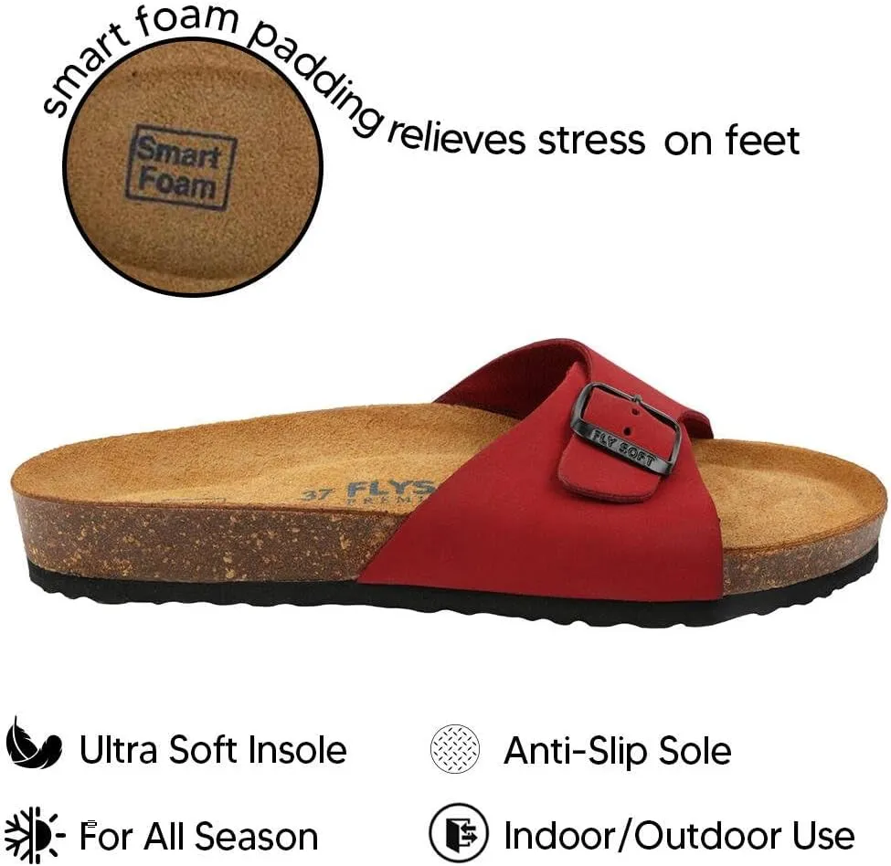 Women's 100% Genuine Leather Sandals - Comfortable Smart Foam Footbed, Slip-On Slides for Summer Wear, Adjustable Fit and Durable Non-Slip Sole