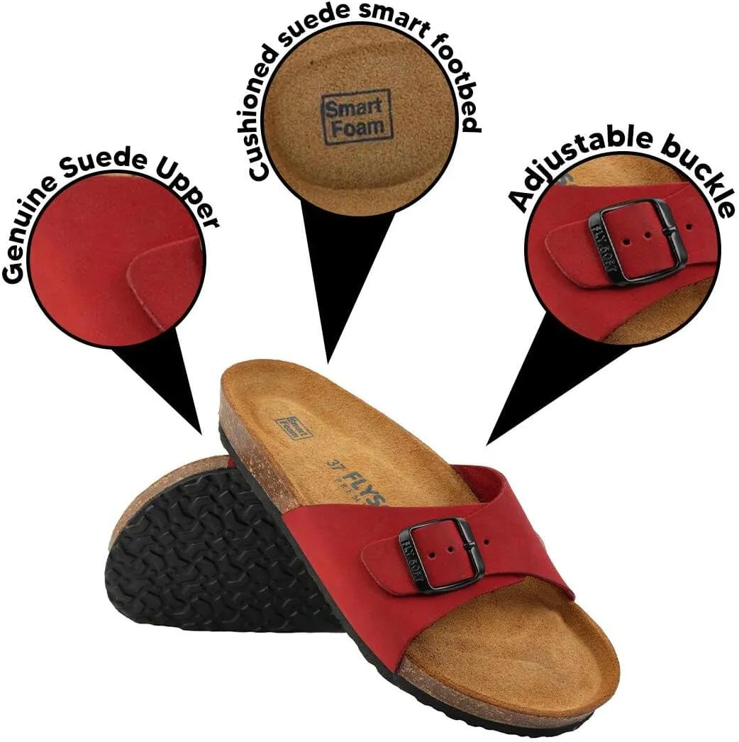 Women's 100% Genuine Leather Sandals - Comfortable Smart Foam Footbed, Slip-On Slides for Summer Wear, Adjustable Fit and Durable Non-Slip Sole