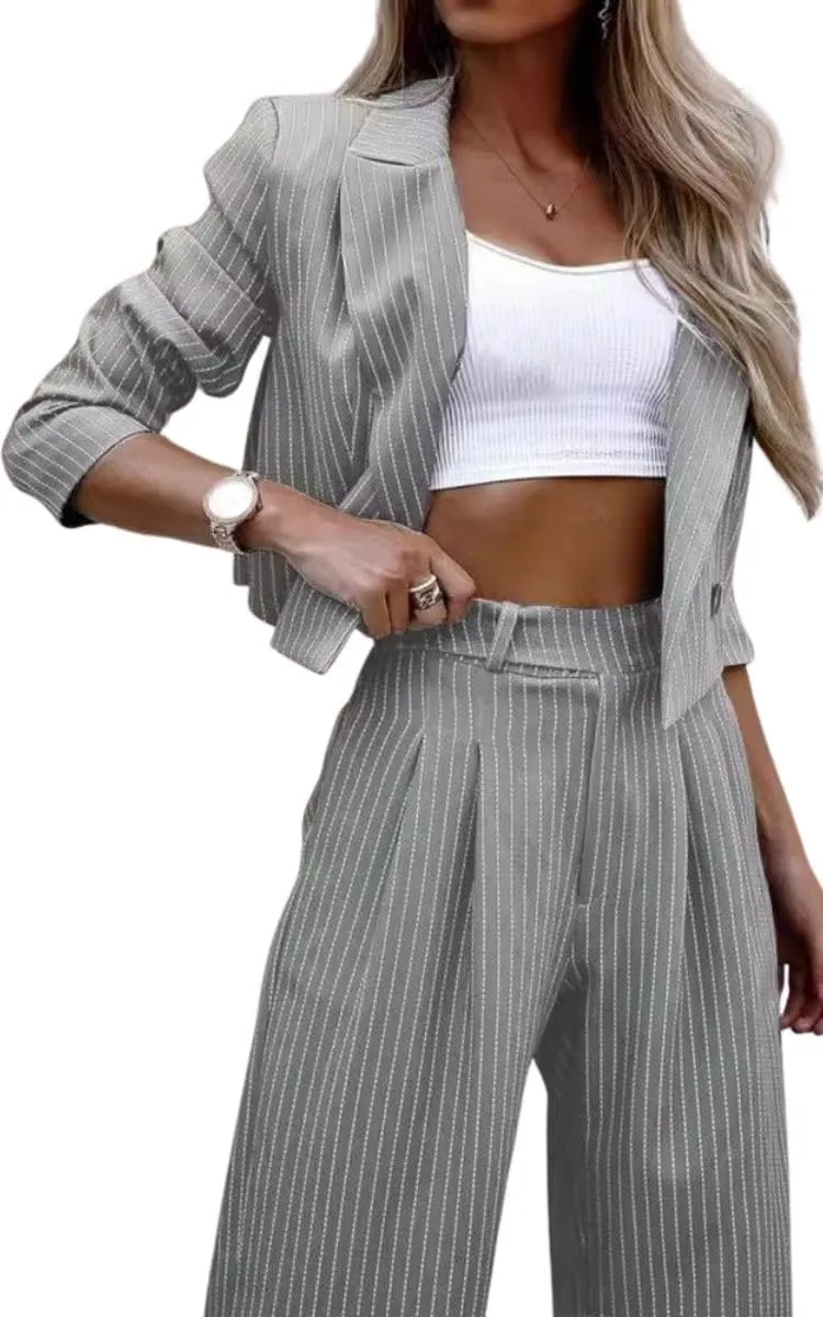 Women's 2 Piece Blazer Set Striped Cropped Blazers Jacket High Waist Wide Leg Work Pants Business Suit Outfits