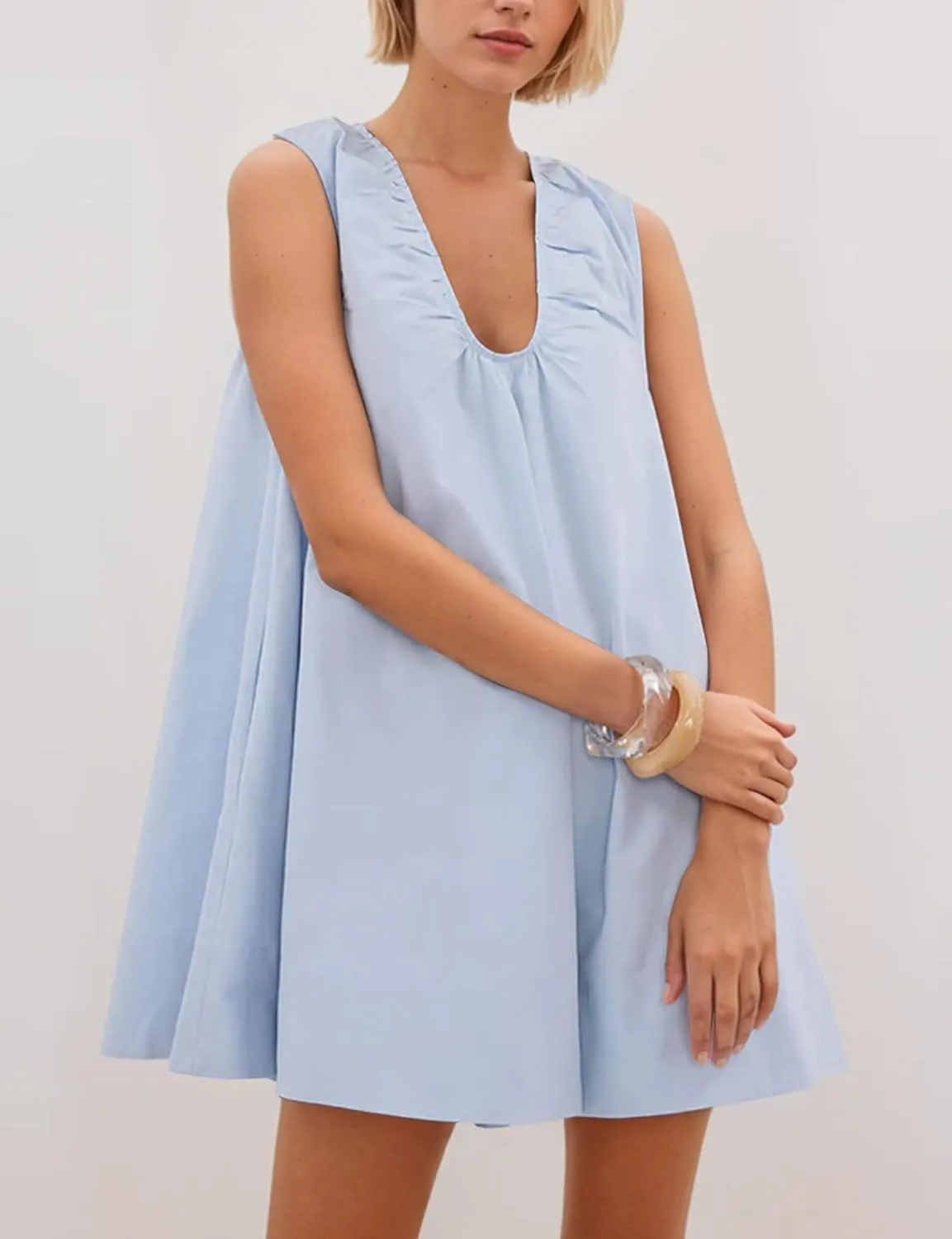 Womens Babydoll Dress Summer Sleeveless Loose Fit Scoop Neck Ruched Short Dress with Pockets Mini Tank Beach