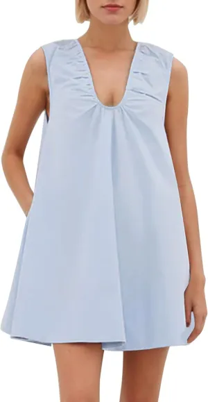 Womens Babydoll Dress Summer Sleeveless Loose Fit Scoop Neck Ruched Short Dress with Pockets Mini Tank Beach