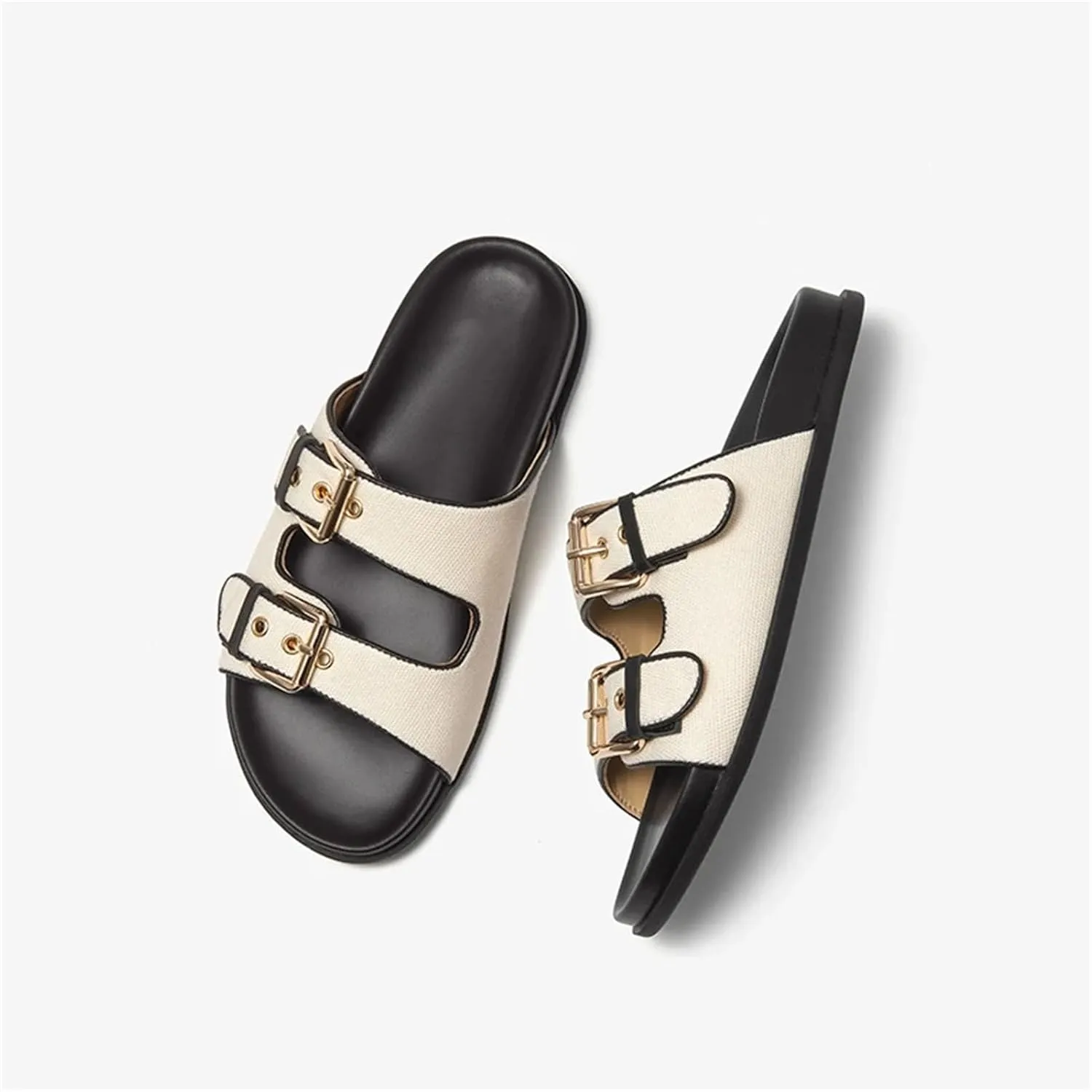 Women's Canvas Microfiber Slippers - Double Metal Buckle Summer Vacation Flats