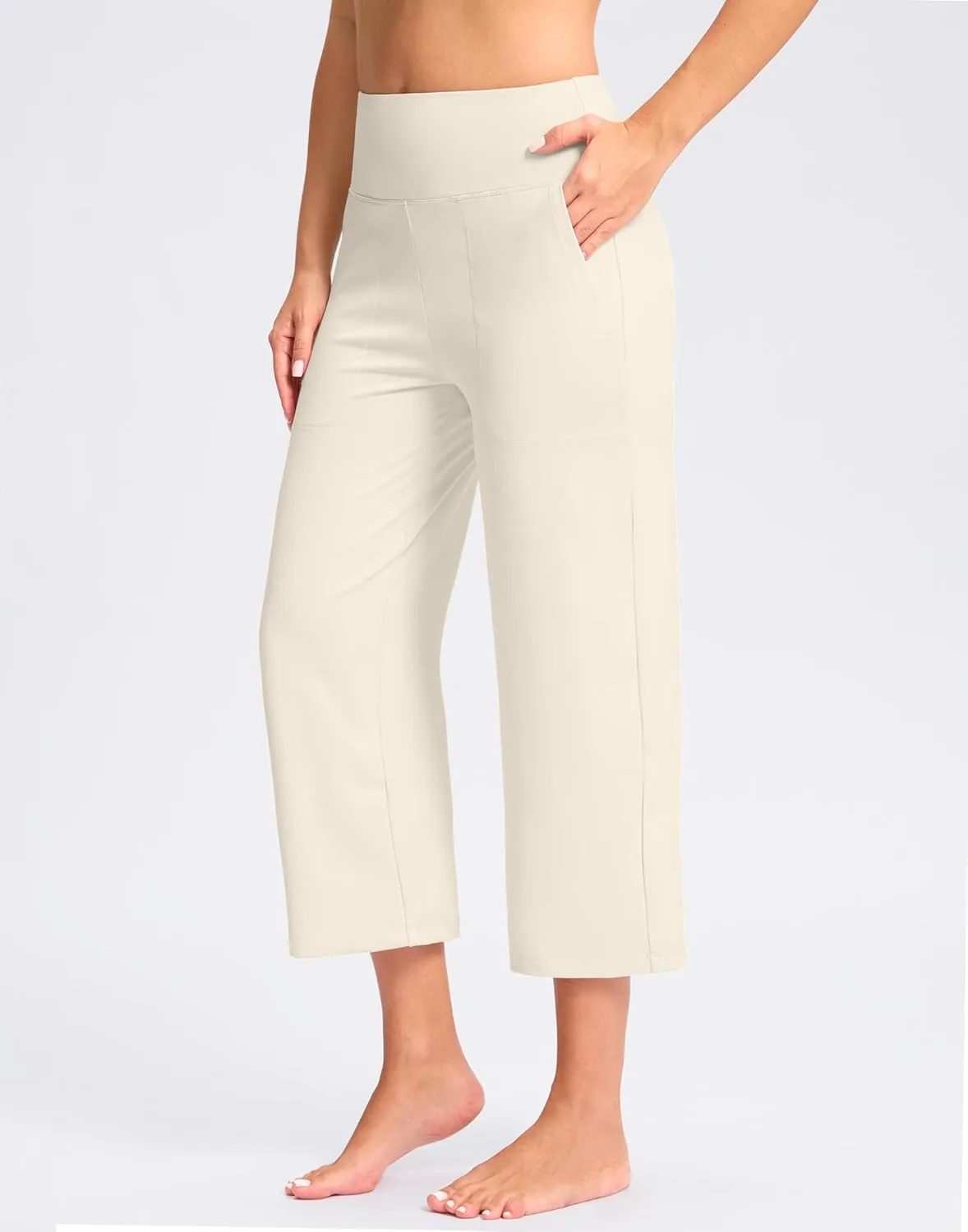 Women's Capri Pants with Pockets High Waist Yoga Pants Wide Leg Workout Crop Summer Pants for Casual, Travel, Exercise