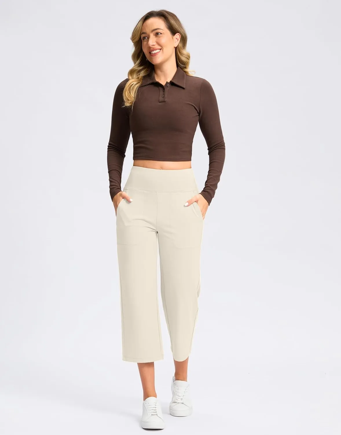 Women's Capri Pants with Pockets High Waist Yoga Pants Wide Leg Workout Crop Summer Pants for Casual, Travel, Exercise