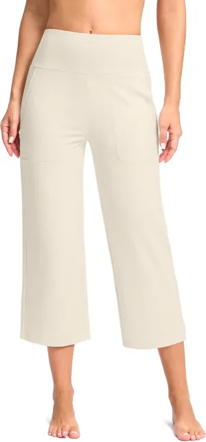 Women's Capri Pants with Pockets High Waist Yoga Pants Wide Leg Workout Crop Summer Pants for Casual, Travel, Exercise