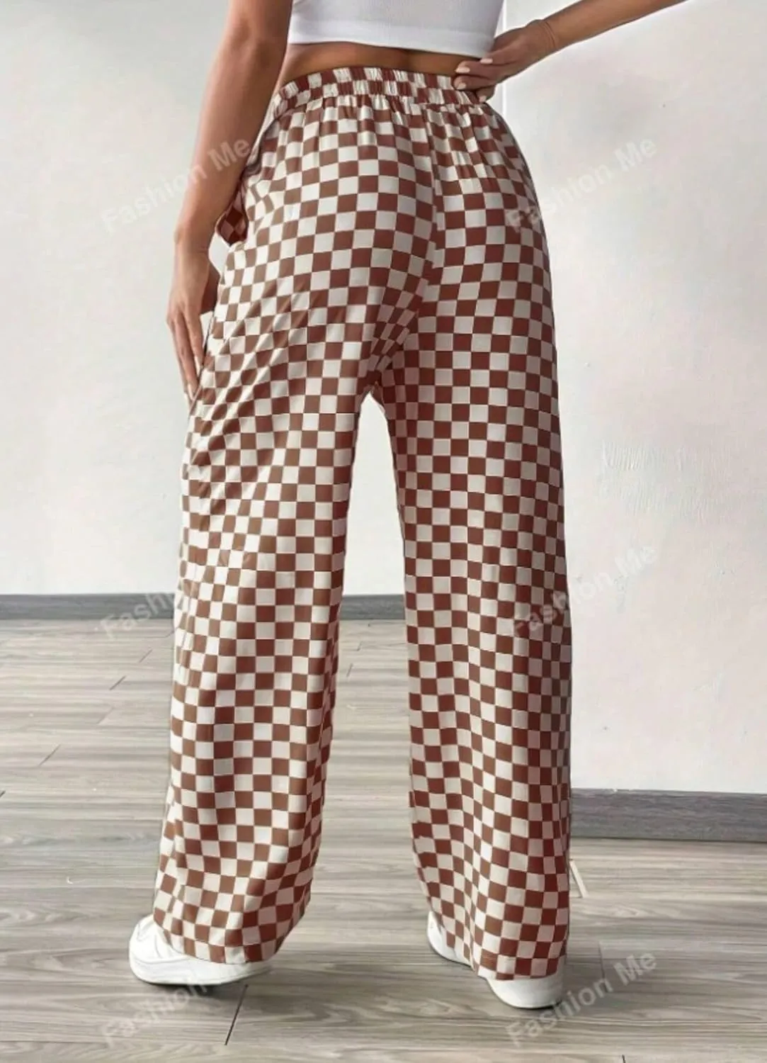 Women's Casual Checkered Pants Drawstring Elastic Waist Comfy Loose Straight Wide Leg Plaid Pants with Pockets