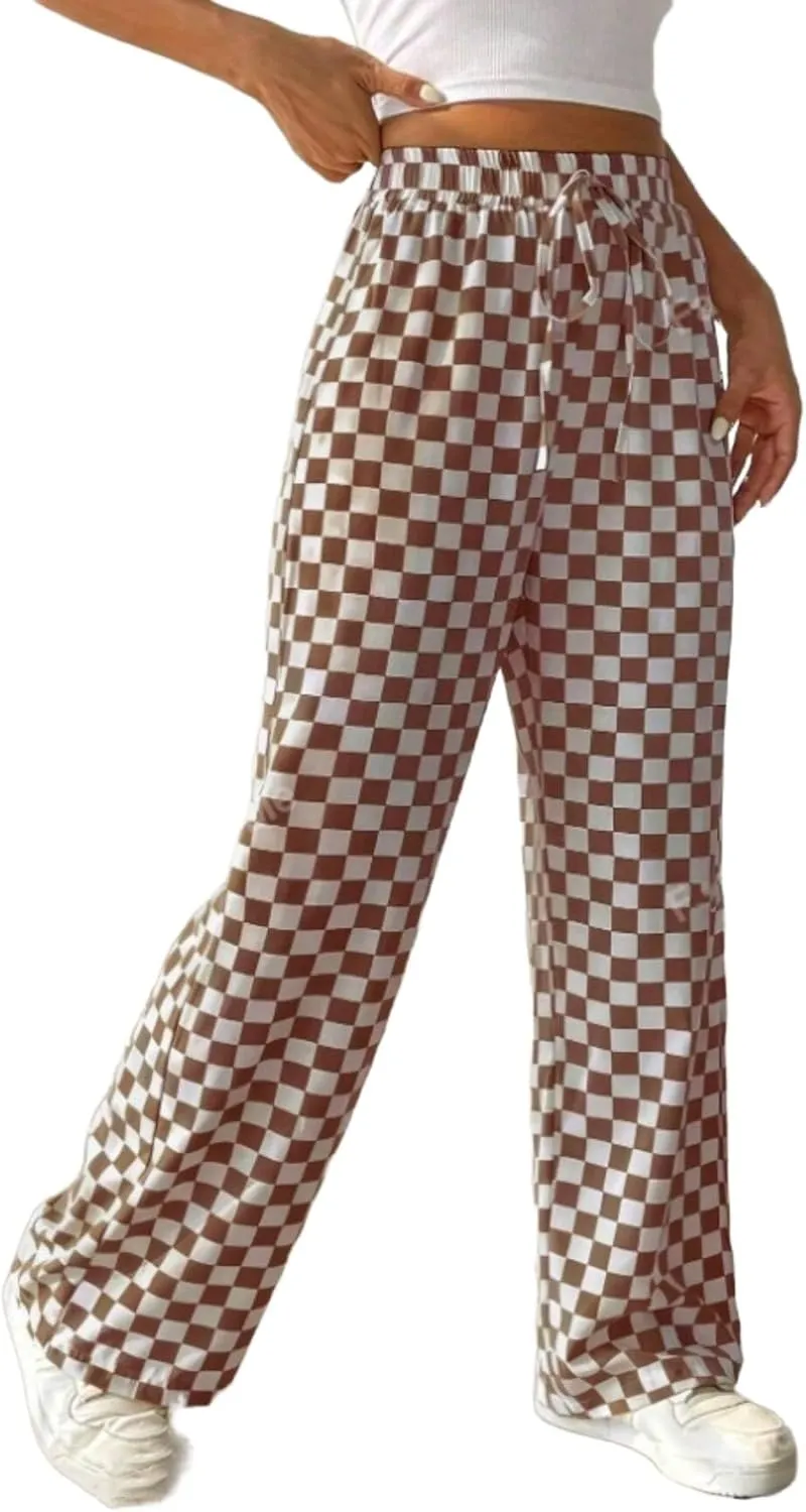 Women's Casual Checkered Pants Drawstring Elastic Waist Comfy Loose Straight Wide Leg Plaid Pants with Pockets