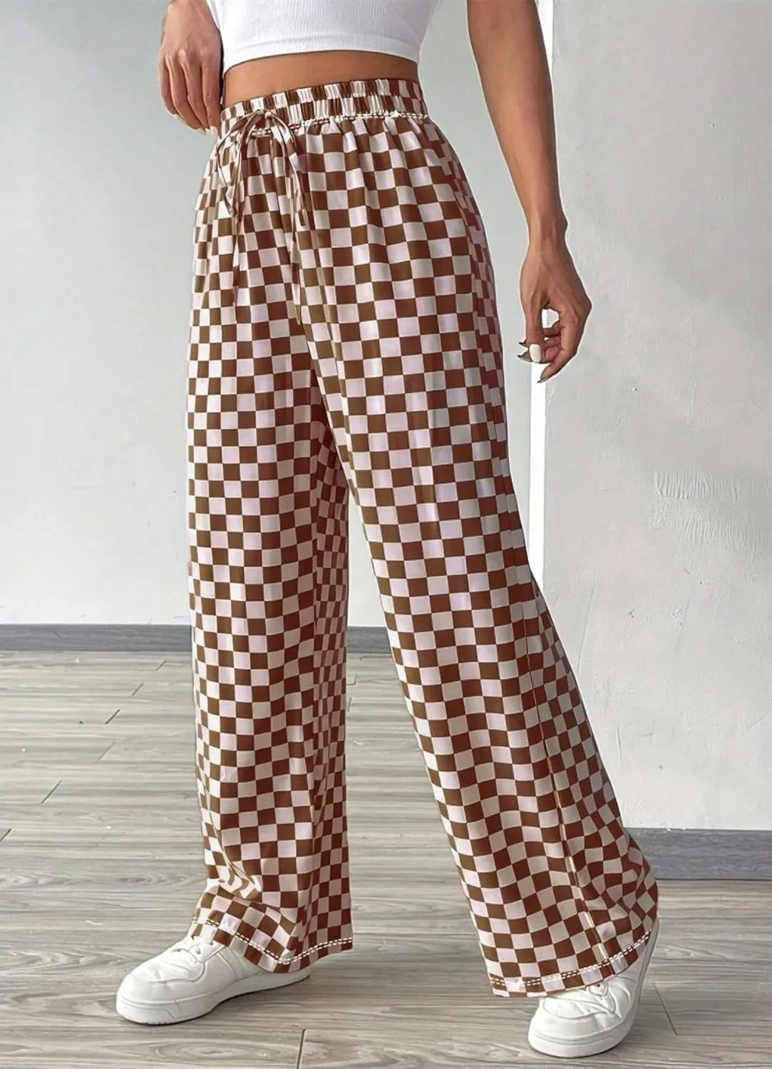 Women's Casual Checkered Pants Drawstring Elastic Waist Comfy Loose Straight Wide Leg Plaid Pants with Pockets