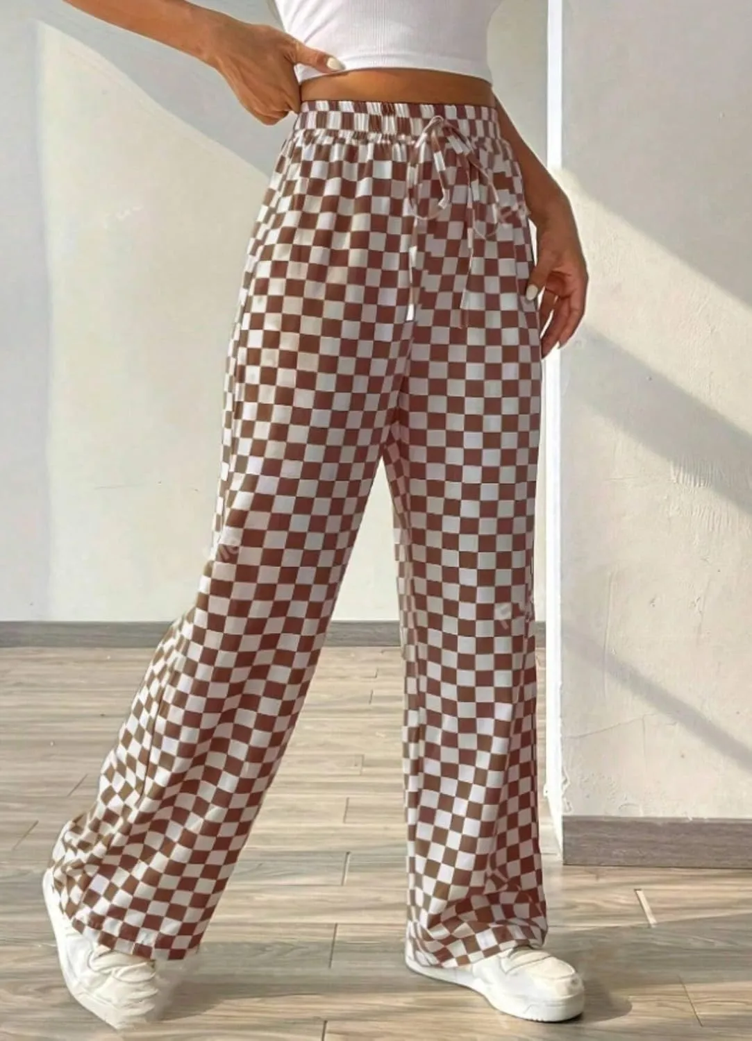 Women's Casual Checkered Pants Drawstring Elastic Waist Comfy Loose Straight Wide Leg Plaid Pants with Pockets