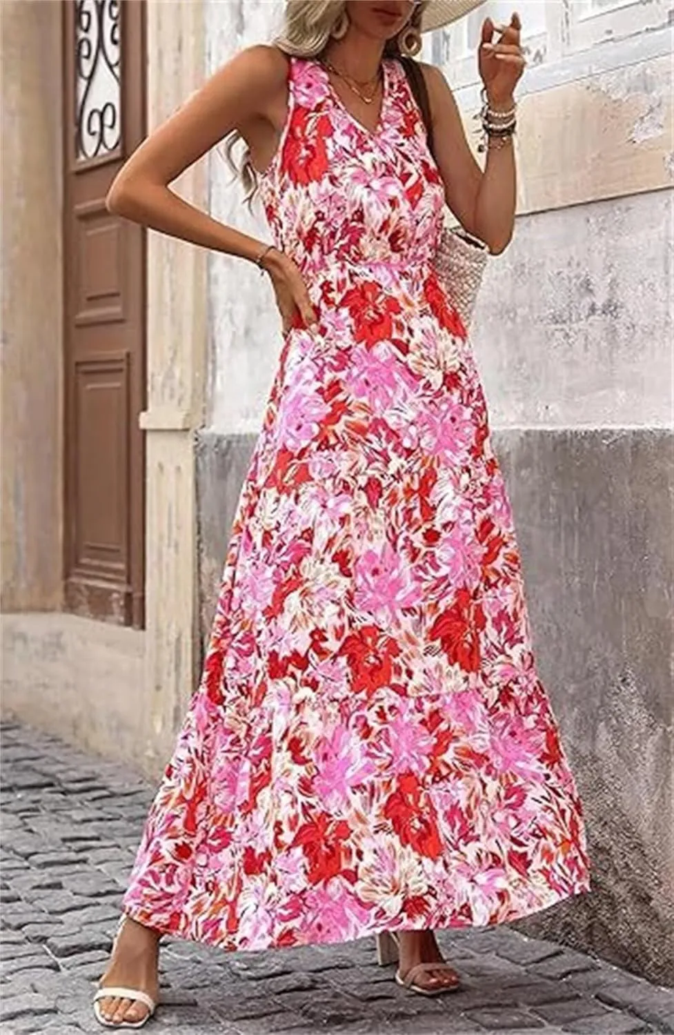 Womens Casual Summer Dresses Fashion Sleeveless Floral Maxi Sundress Flowy Boho Beach Vaction Dresses Light Weight
