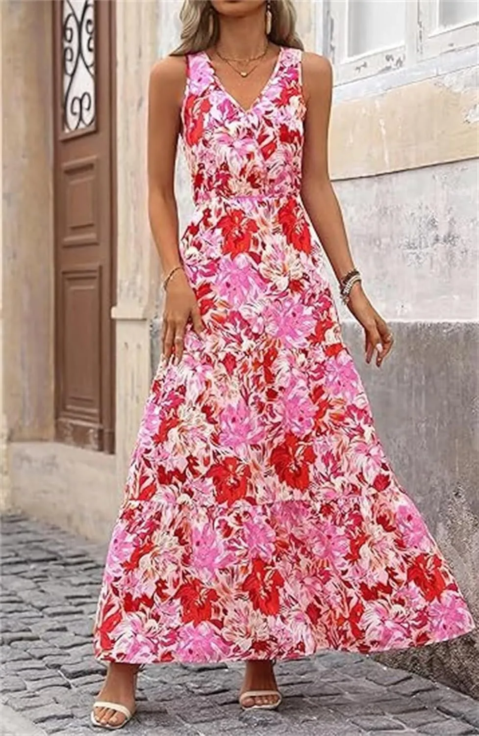 Womens Casual Summer Dresses Fashion Sleeveless Floral Maxi Sundress Flowy Boho Beach Vaction Dresses Light Weight