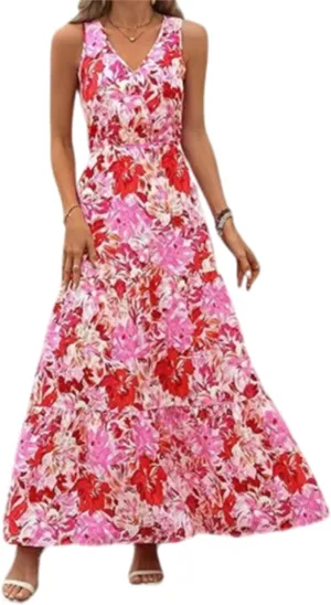 Womens Casual Summer Dresses Fashion Sleeveless Floral Maxi Sundress Flowy Boho Beach Vaction Dresses Light Weight