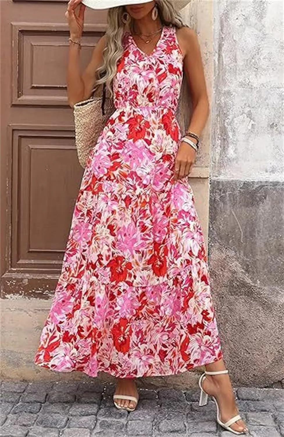 Womens Casual Summer Dresses Fashion Sleeveless Floral Maxi Sundress Flowy Boho Beach Vaction Dresses Light Weight