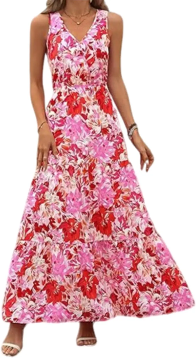 Womens Casual Summer Dresses Fashion Sleeveless Floral Maxi Sundress Flowy Boho Beach Vaction Dresses Light Weight
