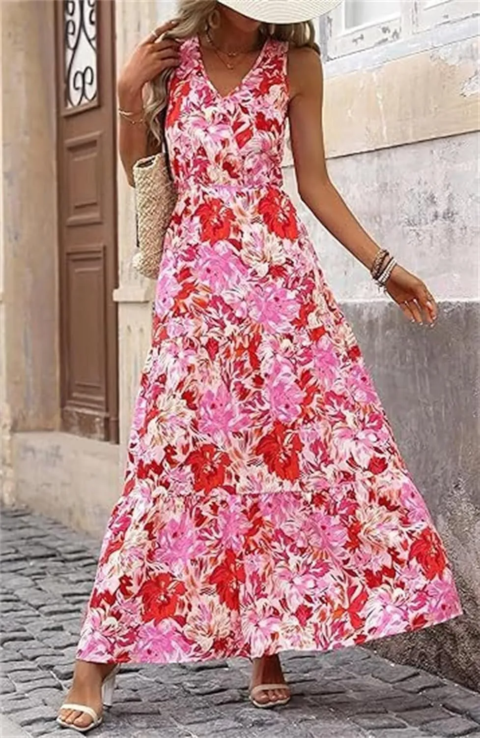 Womens Casual Summer Dresses Fashion Sleeveless Floral Maxi Sundress Flowy Boho Beach Vaction Dresses Light Weight