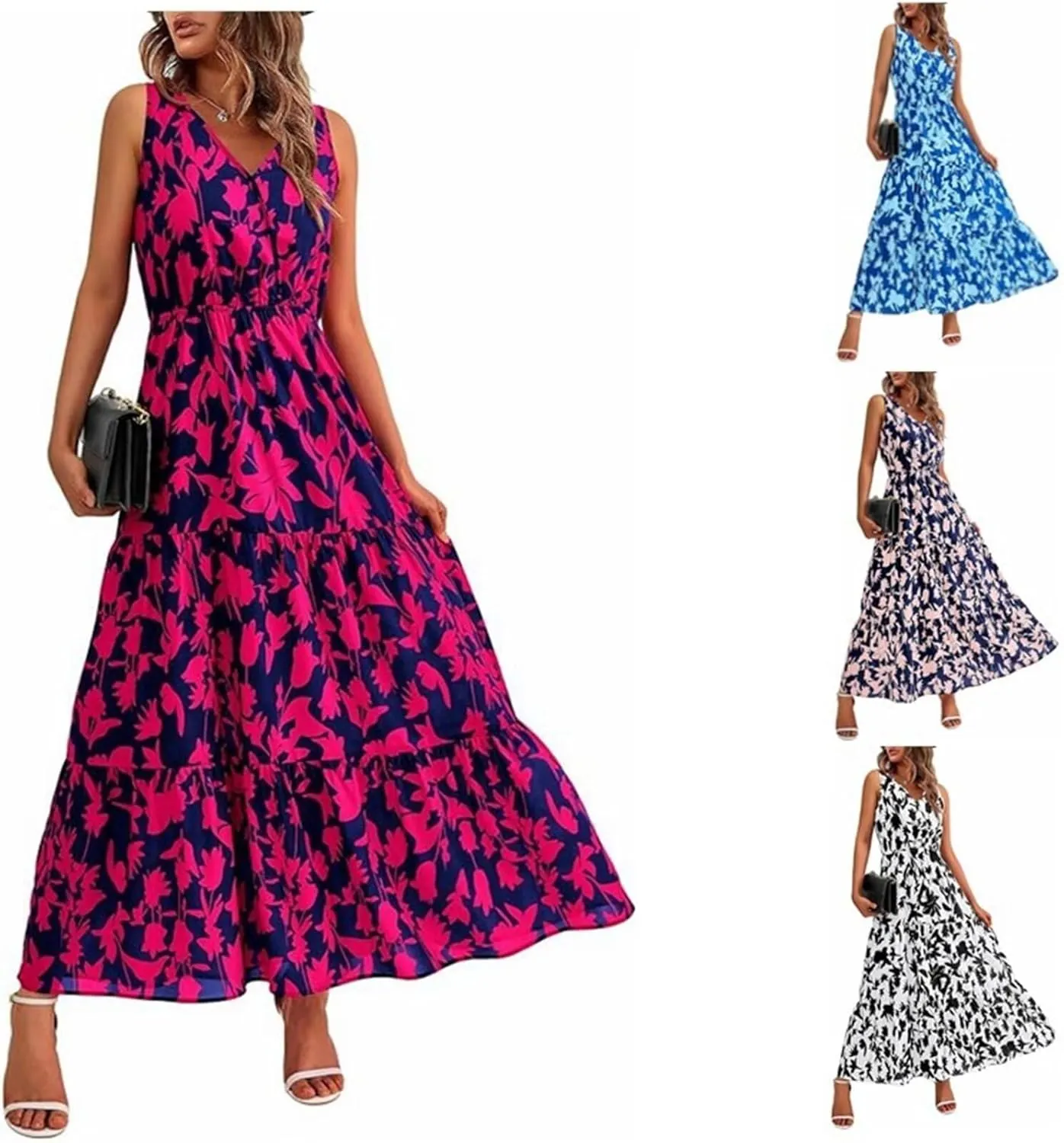 Womens Casual Summer Dresses Fashion Sleeveless Floral Maxi Sundress Flowy Boho Beach Vaction Dresses Light Weight