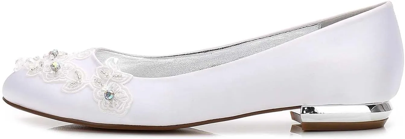 Women's Closed-Toe Satin Wedding Flats with Pearl, Slip-On Design, Elegant Flats for The Bride, Proms, Evenings & Bridal Parties