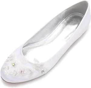 Women's Closed-Toe Satin Wedding Flats with Pearl, Slip-On Design, Elegant Flats for The Bride, Proms, Evenings & Bridal Parties