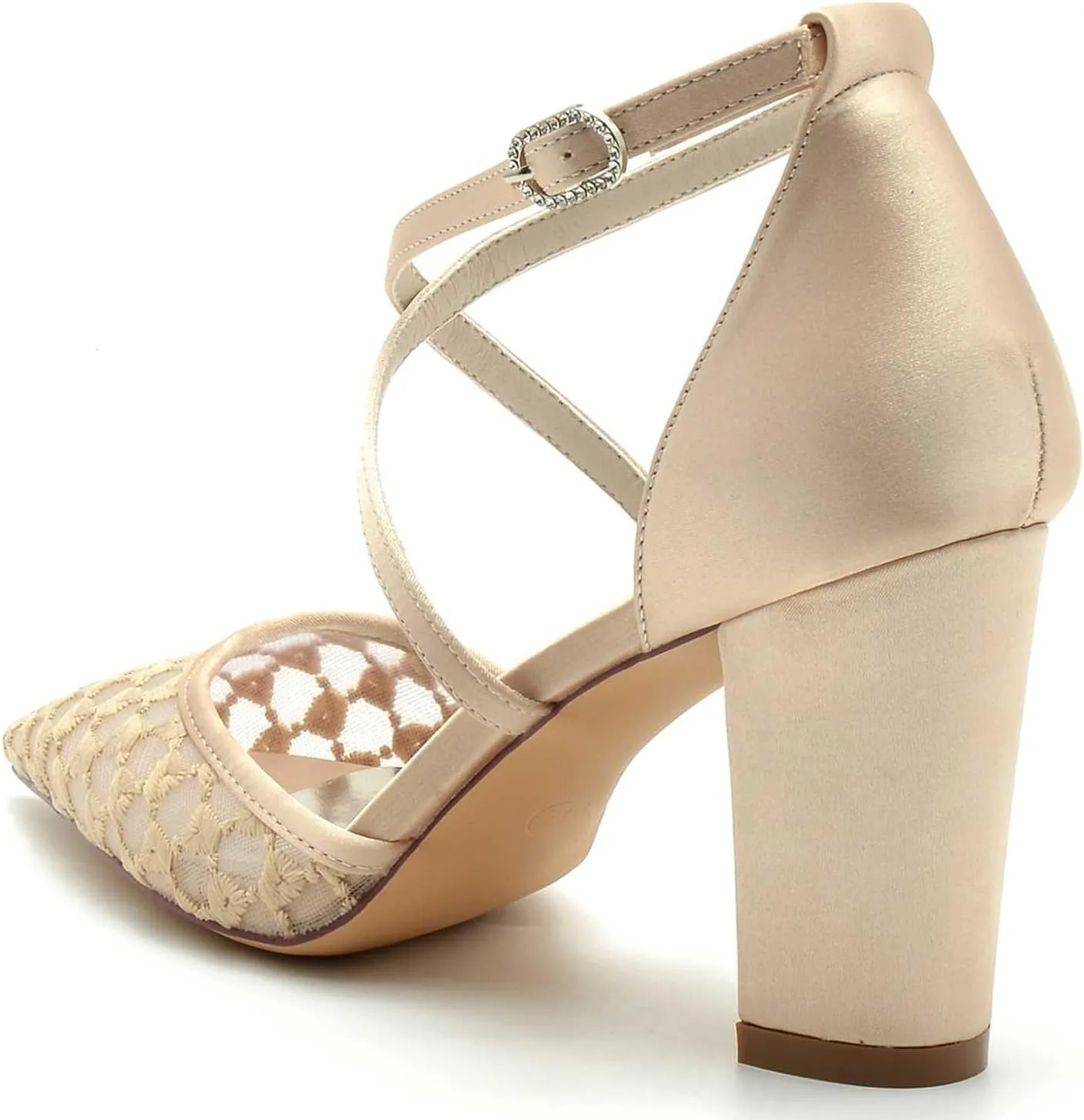 Women's Closed-Toe Wedding Shoes with 3.34-Inch Chunky Heel & Pointed Toe Pump in Lace Satin with Buckle & Elegant High Heel Imitation for Bridal