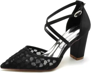 Women's Closed-Toe Wedding Shoes with 3.34-Inch Chunky Heel & Pointed Toe Pump in Lace Satin with Buckle & Elegant High Heel Imitation for Bridal