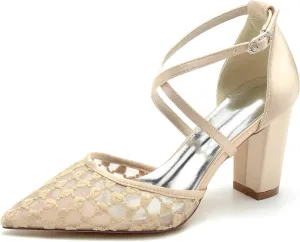Women's Closed-Toe Wedding Shoes with 3.34-Inch Chunky Heel & Pointed Toe Pump in Lace Satin with Buckle & Elegant High Heel Imitation for Bridal