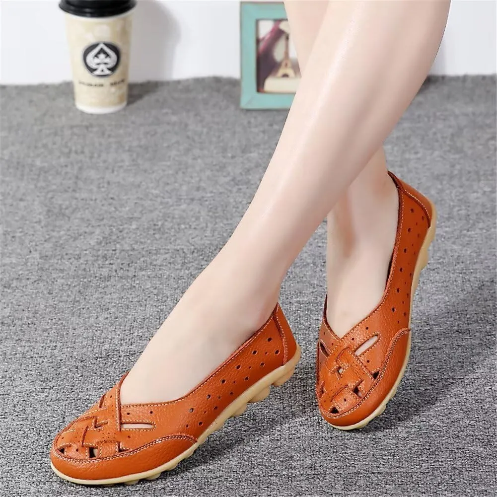 Women's Cowhide Leather Shoes Loafers Flats Sandals Slip-On Cutout
