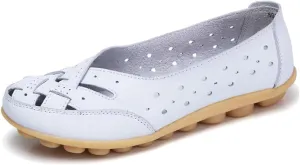 Women's Cowhide Leather Shoes Loafers Flats Sandals Slip-On Cutout