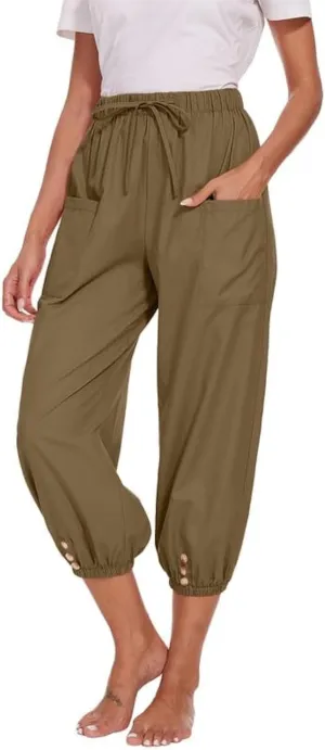 Women's Cropped Capri Pants Elastic Waist Drawstring Yoga Pant Lounge Baggy Trousers Capris Pants with Pockets