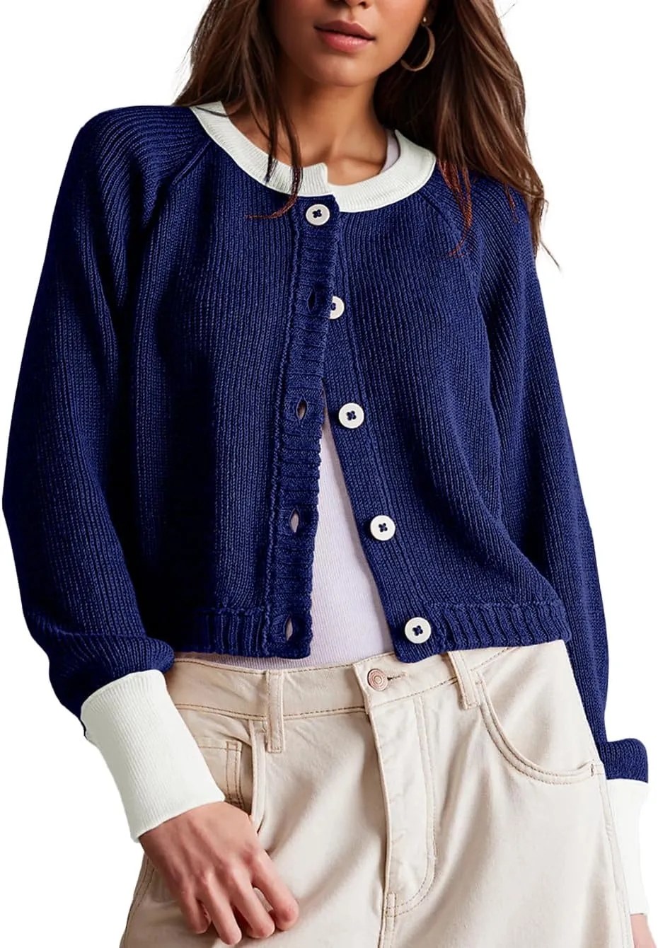 Women's Cropped Cardigan Sweaters Fall Long Sleeve Open Front Cardigans Button Down Color Block Crewneck Knit Outwear Coats