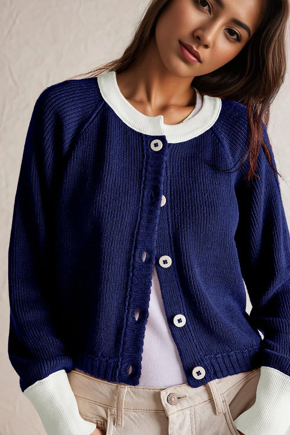 Women's Cropped Cardigan Sweaters Fall Long Sleeve Open Front Cardigans Button Down Color Block Crewneck Knit Outwear Coats