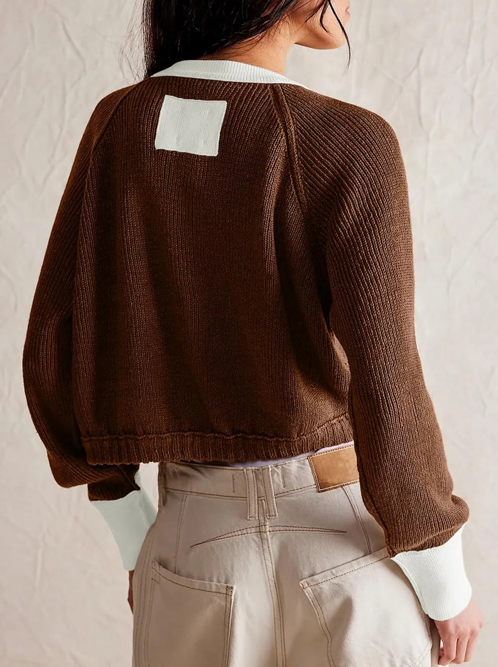 Women's Cropped Cardigan Sweaters Fall Long Sleeve Open Front Cardigans Button Down Color Block Crewneck Knit Outwear Coats