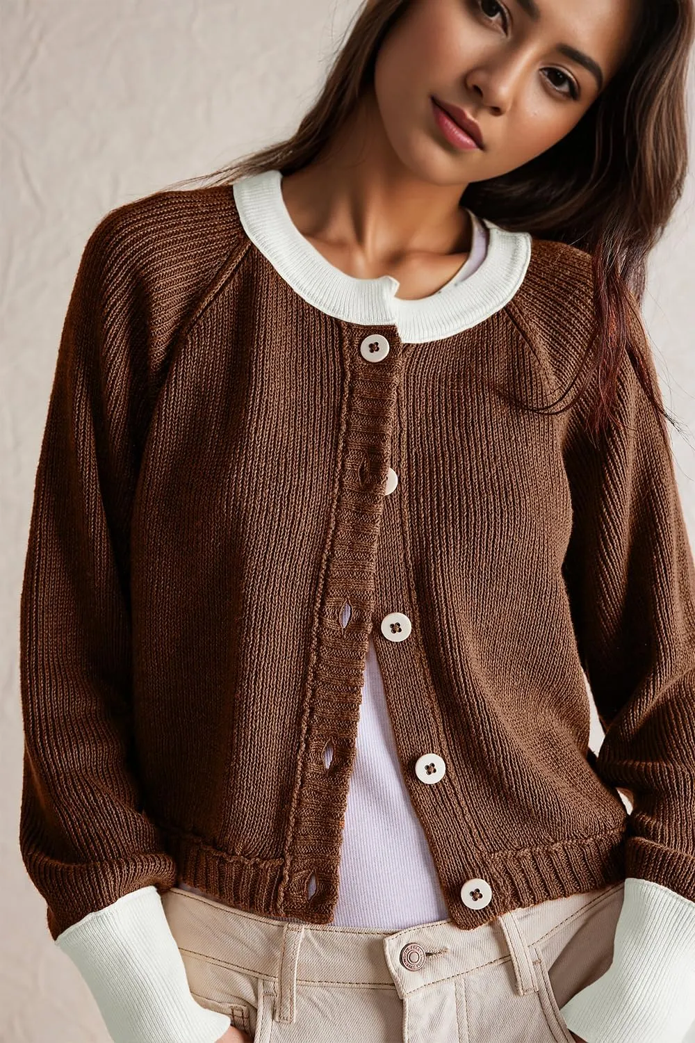 Women's Cropped Cardigan Sweaters Fall Long Sleeve Open Front Cardigans Button Down Color Block Crewneck Knit Outwear Coats