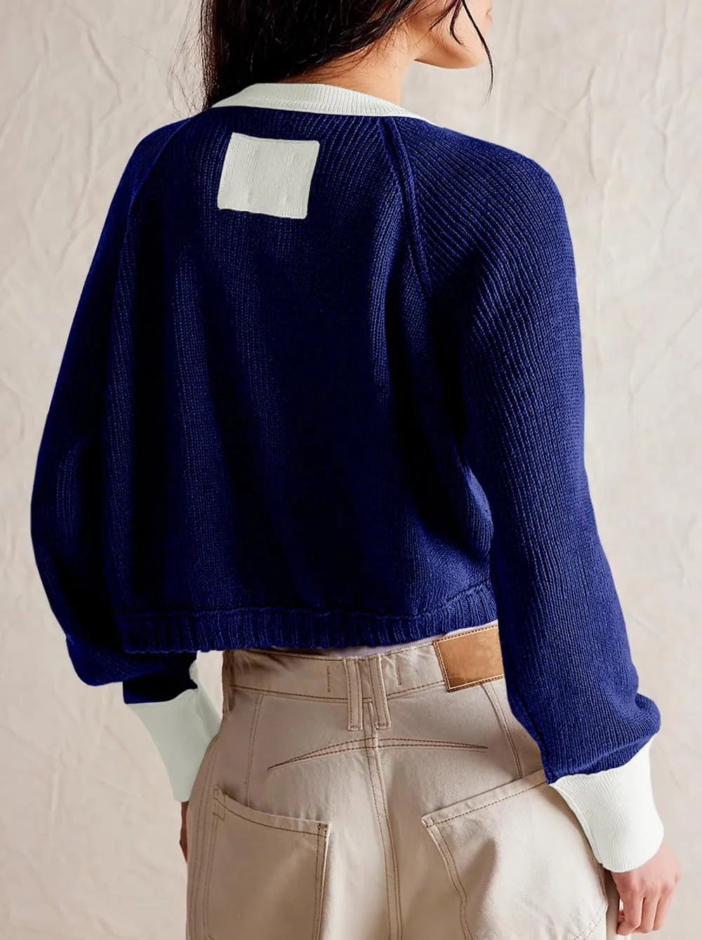 Women's Cropped Cardigan Sweaters Fall Long Sleeve Open Front Cardigans Button Down Color Block Crewneck Knit Outwear Coats