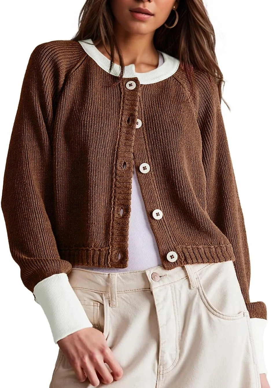 Women's Cropped Cardigan Sweaters Fall Long Sleeve Open Front Cardigans Button Down Color Block Crewneck Knit Outwear Coats